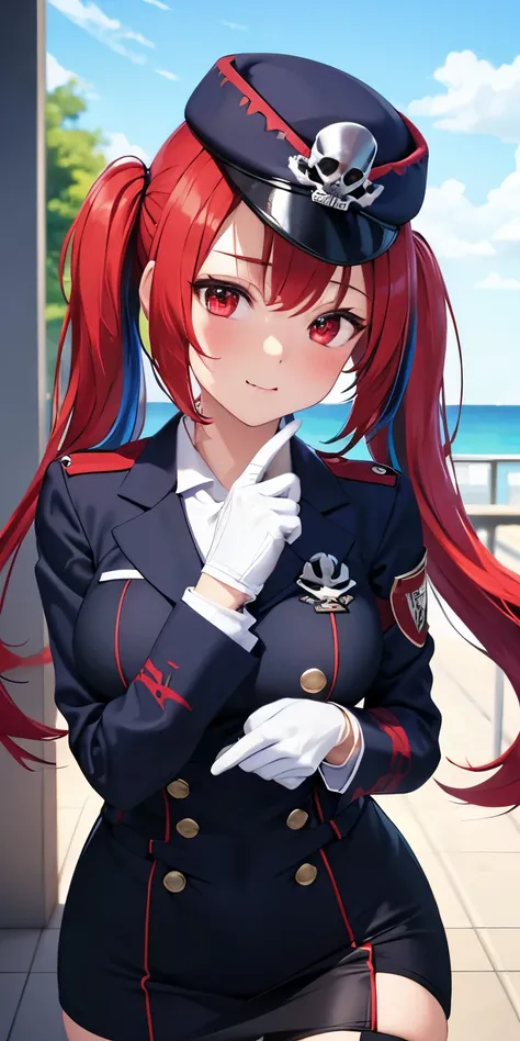 1 Female,High definition,high resolution,Ultra-realistic,8K, 1girl, solo, red hair, red eyes, twintails, employee uniform, pencil skirt, skull print, navy cap, fang, black legwear, white gloves, large breasts,European,sexy,Upper body close-up,Photographed ...