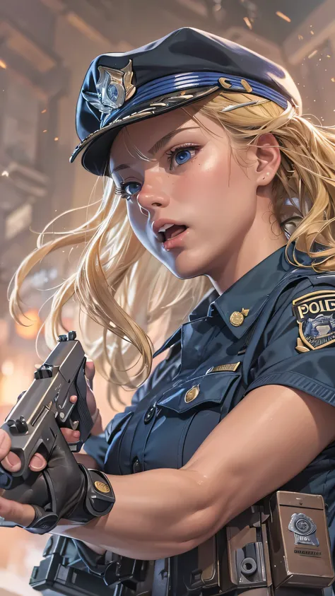  in high-definition images，Strange resolution ,  high res, (masterpiece: 1.4),  super detailed , Blond haired young woman dressed as a police officer, Street Fight ,  sticks out in front of her body and shoots a machine gun。