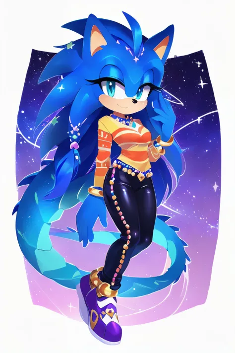 Sonic oc, Mobian, female, sonic the hedgehog but female, Cosmic hedgedragon (hedgehog and dragon hybrid), A beautiful light blue hedgehog, purplish blue eyes, very long hair/quills, braided and beaded long hair bangs, long streaks of hair on each side of h...