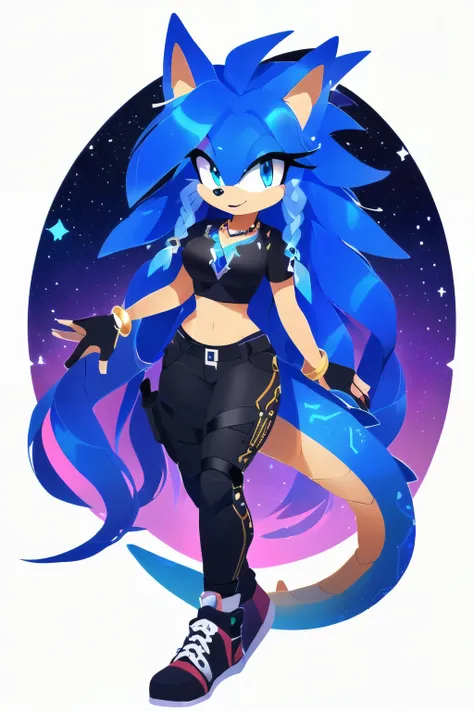 Sonic oc, Mobian, female, sonic the hedgehog but female, Cosmic hedgedragon (hedgehog and dragon hybrid), A beautiful light blue hedgehog, purplish blue eyes, very long hair/quills, braided and beaded long hair bangs, long streaks of hair on each side of h...