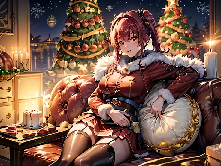 (((highest quality))), ((masterpiece)), (familiar), (((Perfect Face,Shiny skin,Beautiful breasts)))、Shiny skin、(((Santa dress、mini skirt、garter、fish net tights、 hoodie、fur jacket、fur muffler、)))、oil skin、Sweat、Off the shoulder、Double teeth 、、Big Breasts、Em...