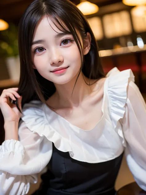 (Best-quality, Masterpiece, Ultra-High-Resolution, (Photorealistic:1.4), Raw Photo, depth of field, professional lighting, perfect anatomy, extremely details), 1girl, ((15-years-old)), ((most famous Japanese-idol)), at hotel bar, ((extremely realistic face...