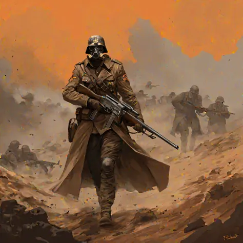 a digital painting of a ( Soldier of the Death Korps of Krieg ). [ gas mask],  a steel helmet ,  and a long coat .  Hes carrying a  (lasgun )  and a shovel .  Hes in barren terrain , War landscape.  The sky is orange and the ground is covered with craters....