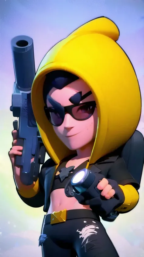 a close up of a person holding a gun and a flashlight, ((wearing a metalhead costume)) , brawl stars, splash art brawlstars, epic art style, blaster fire bright as neon, game character, in game style 8k, merged character, fortnite art style, stylized chara...