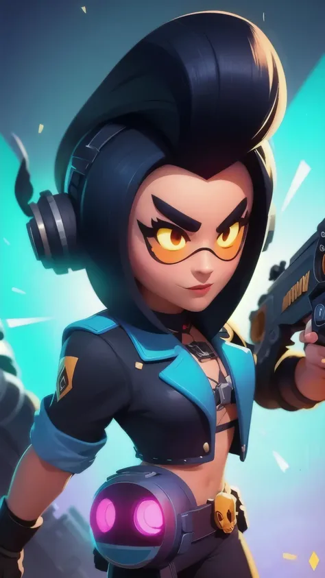 Vector art. a close up of a person holding a gun and a flashlight, ((wearing a metalhead costume)) , brawl stars, splash art brawlstars, epic art style, blaster fire bright as neon, game character, in game style 8k, merged character, fortnite art style, st...