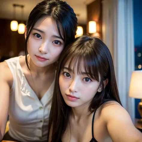 (Best-quality, Masterpiece, Ultra-High-Resolution, (Photorealistic:1.4), Raw Photo, depth of field, professional lighting), at hotel bar, lesbian-couple of 15-years-old Japanese-idol and 35-years-old Japanese-actress, (extremely realistic faces, extremely ...