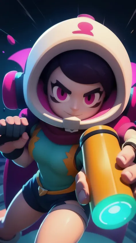 a close up of a person holding a gun and a flashlight, (a gothic vampire girl)) , brawl stars, splash art brawlstars, epic art style, blaster fire bright as neon, game character, in game style 8k, merged character, fortnite art style, stylized character, h...