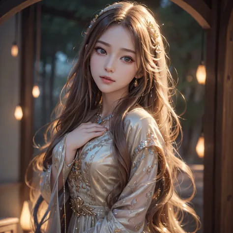  Long Flowing Hair 、 fantasy、beautiful、Shining Light、( top quality 、4K、8k、 high res、masterpiece:1.2)、 super detailed 、( real、 photorealistic、 photorealistic:1.37)、 Intricate Details、 gentle expression 、 Dreamy Vibes、 Warm Lights 、Shining Aura、Whimsical、Del...