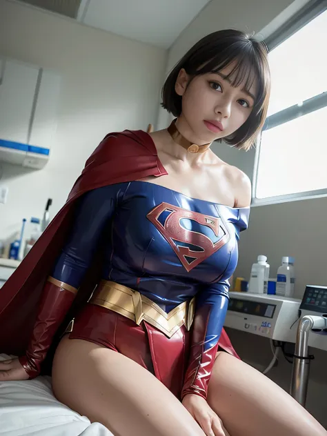 masterpiece、 latex supergirl costume 、 off-shoulder、Ultra short hair、 Big and Rich Breasts 、 shiny sweaty skin 、Look directly into the camera、 choker 、Provocative cleavage、 Long Sleeve 、Cape、Glamorous bare legs、 in front of laboratory equipment in hospital...