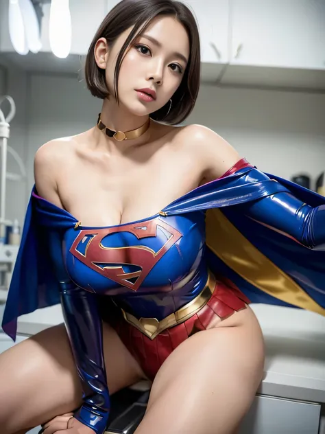 masterpiece、 latex supergirl costume 、 off-shoulder、Ultra short hair、 Big and Rich Breasts 、 shiny sweaty skin 、Look directly into the camera、 choker 、Provocative cleavage、 Long Sleeve 、Cape、Glamorous bare legs、 in front of laboratory equipment in hospital...