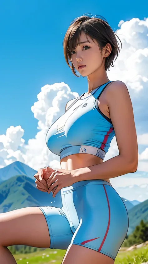  (girl, ,  Same Height  :1.2) , (Big breasts:1.2, Very good:1.2), masterpiece，Mountain Biking，Cycling enthusiasts，beautiful girl，business attire， blue sky and white clouds ，8k,  Japanese girl ,  very short hair  , Camel toe, ( high color saturation :1.0), ...