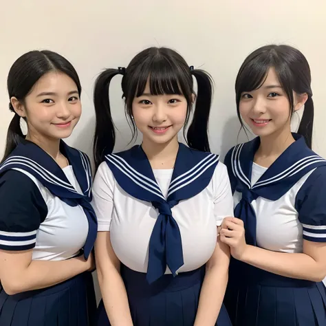 中学生の女の子 2 people , together,  top quality , 8k,  Japanese woman photo , ,  twin tailsの black hair,, (( plump)), ((big Breasts)), sailor suit, sailor suit, best smile ,Enlarge your eyes,  Shining Happiness, A caring personality,  great vibe,  Gentle yet Str...