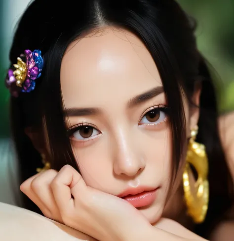 Beautiful big breasts, (bokeh), indoors, detailed luxury living room, gentle and charming beautiful goddess, Korean(kpop-idol),earring golden snake, solo, smooth skin, necklace, beautiful face, double eyelids, smart, good hands, good feet, Natural, (from b...