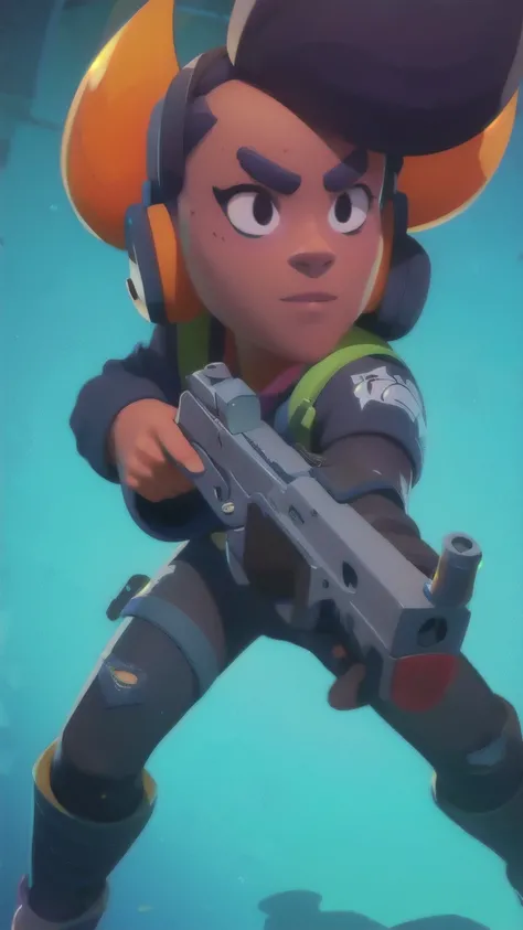 a close up of a person holding a gun and a flashlight, ((wearing a metalhead costume)) , brawl stars, splash art brawlstars, epic art style, blaster fire bright as neon, game character, in game style 8k, merged character, fortnite art style, stylized chara...