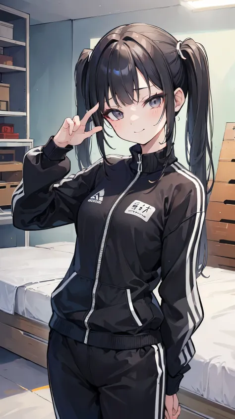 ((masterpiece、 top quality 、 very detailed))、 One Girl 、 black hair、 long hair、 twintails、 gray eyes、evil smile、(( small breasts))、((紺色track suit))、 cowboy shot、Gym storeroom