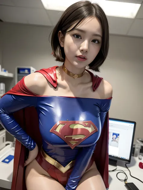 masterpiece、 latex supergirl costume 、 off-shoulder、Ultra short hair、 Big and Rich Breasts 、 shiny sweaty skin 、Look directly into the camera、 choker 、Provocative cleavage、 Long Sleeve 、Cape、Glamorous bare legs、 in front of laboratory equipment in hospital...