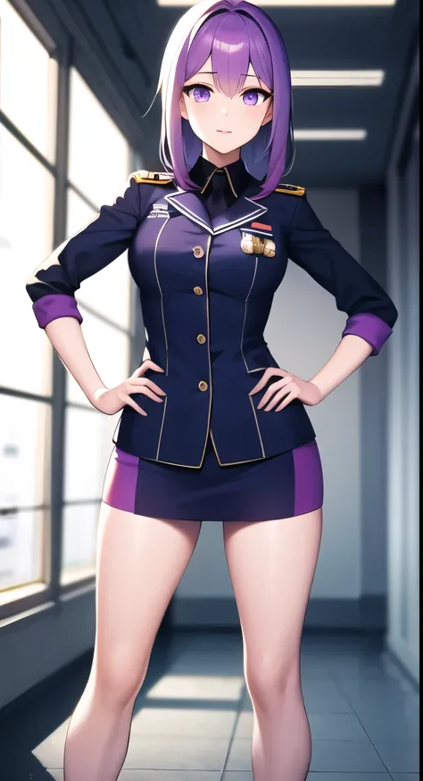(( beautiful purple eyes )),  anime girl Beautiful slender girl wearing a uniform  posing in a hallway with her hands on her hips, ( software ) safe for work, Anya from Spy Family, Beautiful slender girl wearing a uniform , Red Uniform, Kshat Garland,  fem...