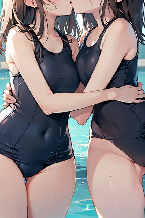 nsfw、 High Quality 、最 High Quality 、Complete limbs、 (((    Two slender girls hugging and kissing)))、Delicate girl with small boobs  、Slim waist、pushing hips forward、Large pubic mound 、 big butt、Thighs、((( school swimsuit)))、(  pubic skin)、(((from below)))、...