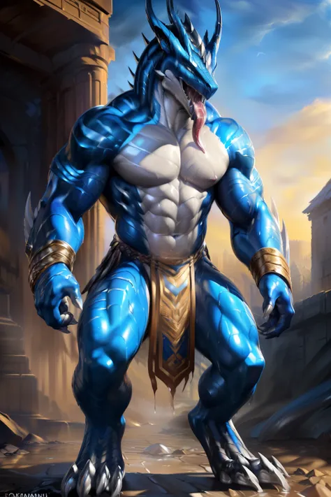 Uploaded on E621, (male anthro-dragon), standing, solo, muscles, detailed scale texture, old castle, (battlefield), (tribal clothing, ((long loincloth with, , blue body, white belly, dawn, shadow, dim environment, (art chunie, (drakgem), ((rakisha)), (kont...