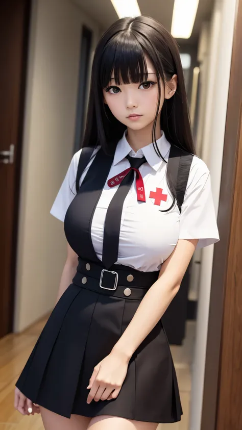 woman、Big Breasts、black髪、Heavy bangs、blackい瞳、 miniskirt、Navy Uniform、white、black、red、Cross your arms with your hands in front of you、