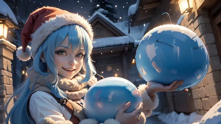 Rimuru tempest from tensei shitara slime datta ken, That time i reincarnated has a slime, A cute anime-style slime character Rimuru Tempest wearing a festive Christmas hat, smiling joyfully in a cozy Christmas-themed environment, 4k, ultra-detailed, photor...