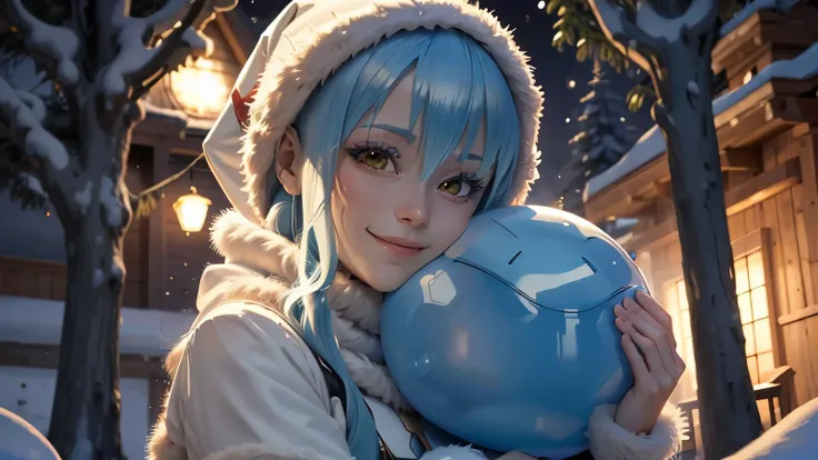 Rimuru tempest from tensei shitara slime datta ken, That time i reincarnated has a slime, A cute anime-style slime character Rimuru Tempest wearing a festive Christmas hat, smiling joyfully in a cozy Christmas-themed environment, 4k, ultra-detailed, photor...