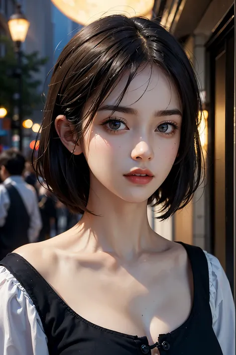 masterpiece,  top quality , miranda, (Half Body Shot,Street lights,moon),masterpiece,  One girl , Personal Exhibition,  Beautiful Women On Busy Streets , Surrounded by peddlers,  Portrait of a Beautiful Goddess Girl,  beautifully detailed face ,  porcelain...