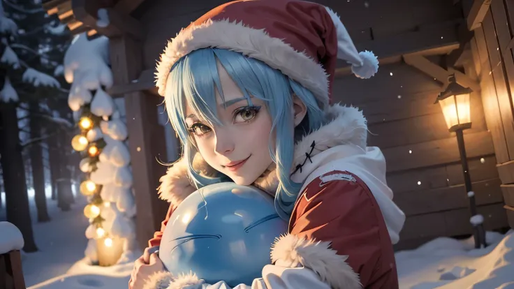 Rimuru tempest from tensei shitara slime datta ken, That time i reincarnated has a slime, A cute anime-style slime character Rimuru Tempest wearing a festive Christmas hat, smiling joyfully in a cozy Christmas-themed environment, 4k, ultra-detailed, photor...