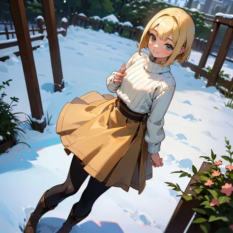 ( High Quality ,  high res, Very detailed, reality:1.37), Peaceful atmosphere, (Outdoor, garden ,snow),  teenage girl standing alone, Beautiful details,  cute smile, (Blonde Bob ), Ribbed sweater,Brown skirt,  black tights ,  brown boots .