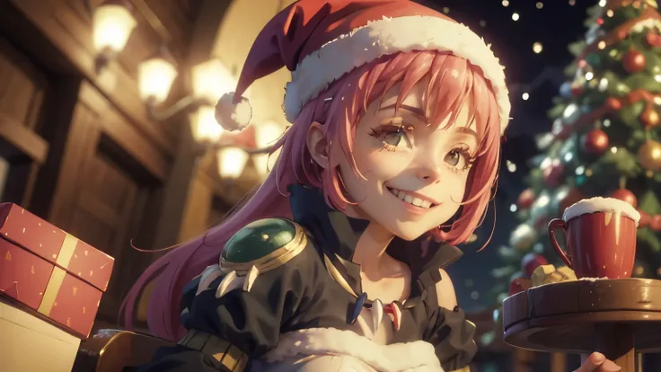 Milim Nava, A cute character milim nava wearing a festive Christmas hat, smiling joyfully in a cozy Christmas-themed environment, 4k, ultra-detailed, photorealistic, intricate details, warm lighting, snow, Christmas tree, presents, winter forest, magical a...
