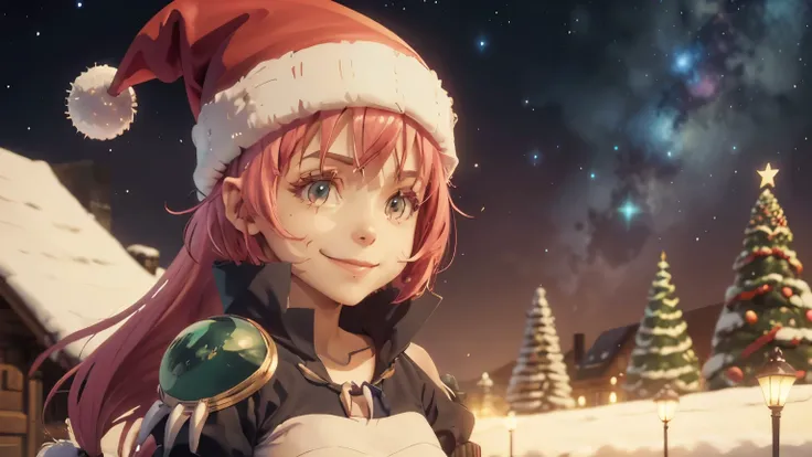 Milim Nava, A cute character milim nava wearing a festive Christmas hat, smiling joyfully in a cozy Christmas-themed environment, 4k, ultra-detailed, photorealistic, intricate details, warm lighting, snow, Christmas tree, presents, winter forest, magical a...