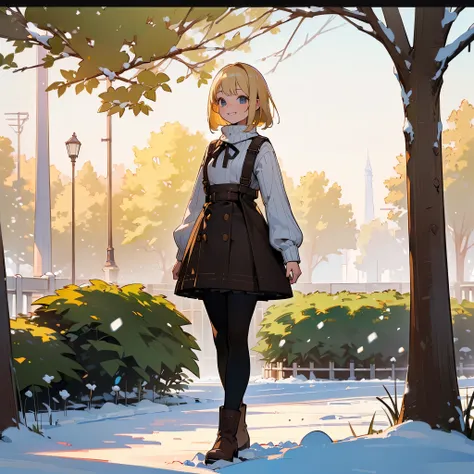 ( High Quality ,  high res, Very detailed, reality:1.37), Peaceful atmosphere, (Outdoor, garden ,snow),  teenage girl standing alone, Beautiful details,  cute smile, (Blonde Bob ), Ribbed sweater,Brown skirt,  black tights ,  brown boots .