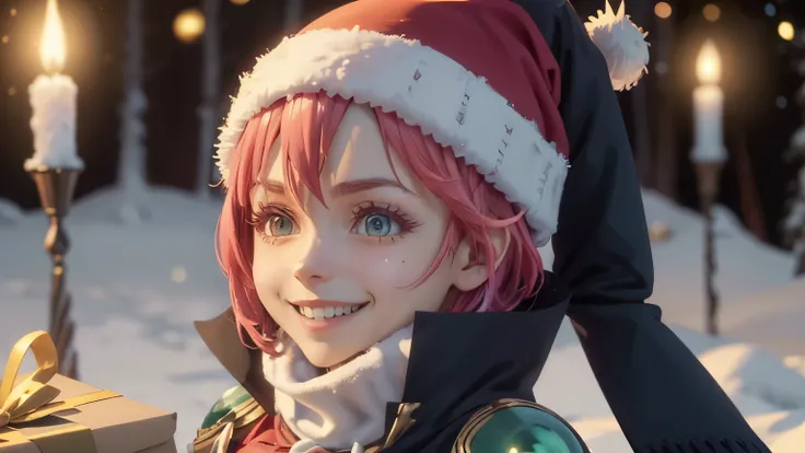 Milim Nava, A cute character milim nava wearing a festive Christmas hat, smiling, Christmas-themed environment, 4k, ultra-detailed, photorealistic, intricate details, warm lighting, snow, Christmas tree, presents, winter forest, magical atmosphere