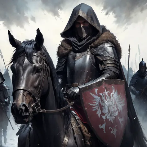 there is a man in a hooded jacket riding a horse, by Tadeusz Pruszkówski, by Roman Bezpalkiv, by Adam Marczyński, medieval fantasy art, horse warrior, undead winged hussar, painting of a knight, medieval fantasy game art, medieval concept art, by Igor Kier...