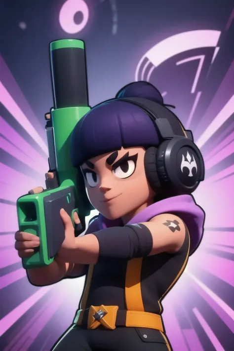 a close up of a person holding a gun and a flashlight, ((wearing a metalhead costume)) , brawl stars, splash art brawlstars, epic art style, blaster fire bright as neon, game character, in game style 8k, merged character, fortnite art style, stylized chara...