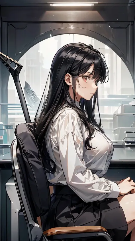 8k,RAW photo,best quality,Masterpiece,super high resolution,(Anime Style:1.5)( Clear Image :1.5),(sharp lines:1.5),(( Everything is a detailed picture)),(Alone),(Adult female、Age 27, mature)、( black hair、 super long straight hair、Wavy hair)、(BIG BREASTS:1....