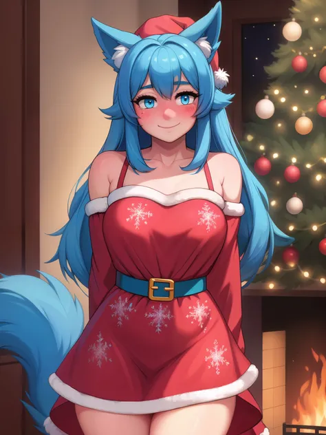 (Masterpiece) (High Detail) (High Res) A short humanoid girl with pale human skin and blue eyes and long blue hair and blue dog ears and a fluffy blue dog tail and average breasts. She is wearing a red shiny sequin Santa dress with white furred trim and re...