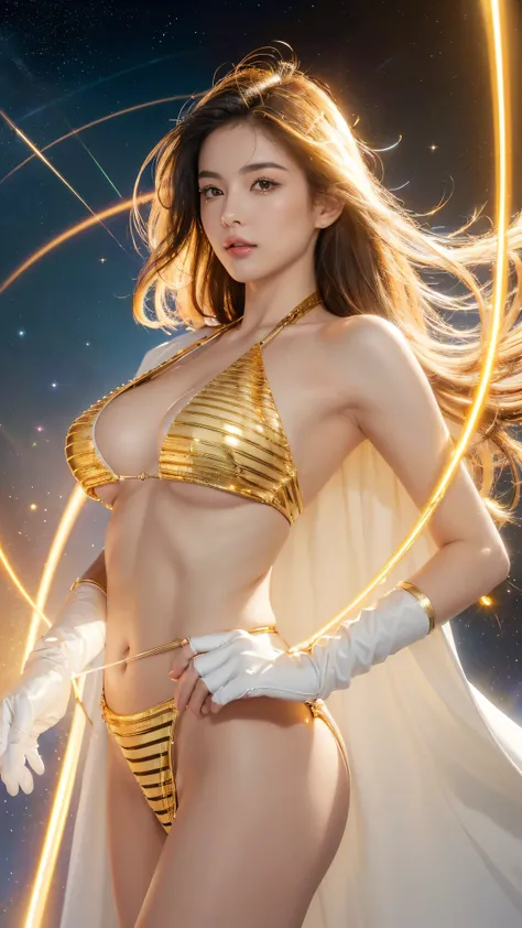 (masterpiece,  Top quality,  are of the best quality,  Official Art , Beautiful :1.2), ( 1 girl), (( huge  ，Gold slingshot bikini ，Sexy，White gloves)), extremely detailed eyes , (Fractal Art:1.3), Colorful, Most detailed,  shiny skin ,  High Dynamic Range ...