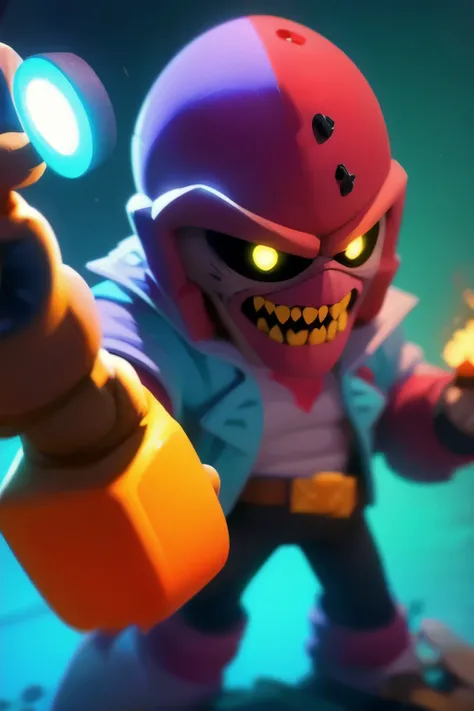 a close up of a person holding a gun and a flashlight, ((Eddie a Iron maiden mascot, Monster, horror)) , brawl stars, splash art brawlstars, epic art style, blaster fire bright as neon, game character, in game style 8k, merged character, fortnite art style...