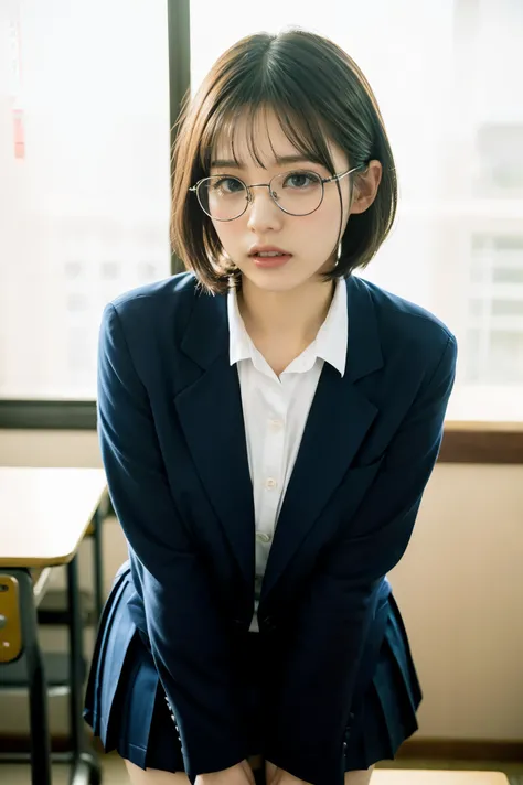 1girl,black-framed glasses,leaning forward,Perfect hands,panty pull,school uniform,shortcut hair,Navy blue blazer,pleated skirt,tongue out,Looking Down and Sleepy,school background,warm sunset lighting,bright and energetic atmosphere,detailed face,beautifu...