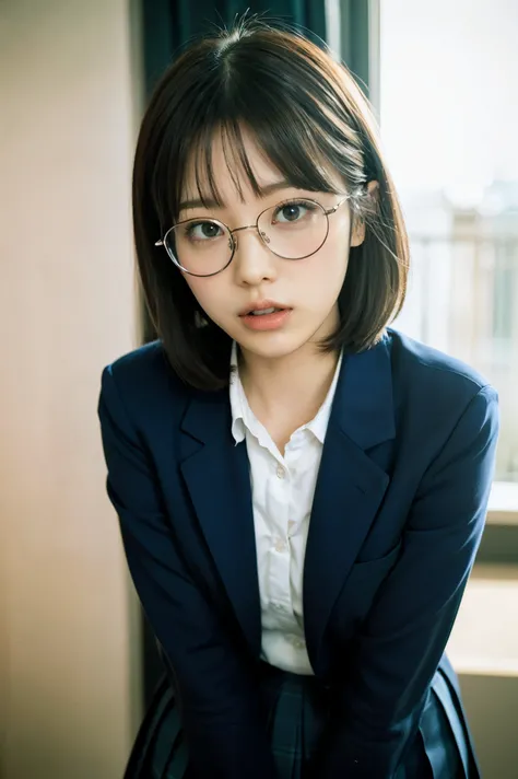 1girl,black-framed glasses,leaning forward,Perfect hands,panty pull,school uniform,shortcut hair,Navy blue blazer,pleated skirt,tongue out,Looking Down and Sleepy,school background,warm sunset lighting,bright and energetic atmosphere,detailed face,beautifu...