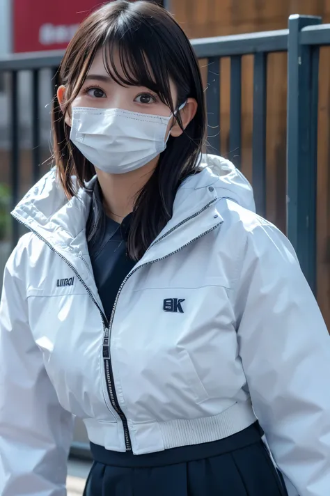 8k, RAW Photos,highest quality, High resolution:1.1), (ultra-realistic:1.4),(Realistic, Realistic:1.3),The Beauty of Japan、Thick black hair、 ear piercing、 hairstyle shortcut、Upper Body、Fencing team - white fencing jackets and 白いmasks.

