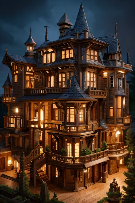   close up of a cross-sectional view of a house with lots of rooms, mansions of madness ,   Steampunk Village Castle  , Evil Villain&#39;s Lair, Adams,  inspired by Anton Peake , Super Detailed Haunted House ,  complex from Baldors Gate, Spooky Mansion, Cl...