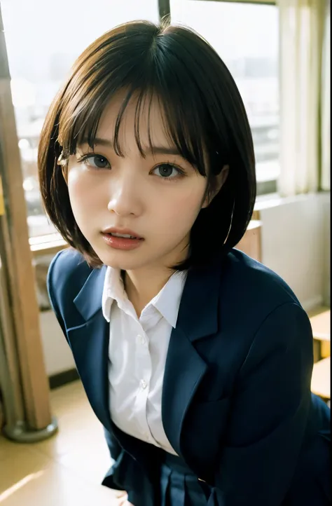 1girl,black-framed glasses,leaning forward,Perfect hands,panty pull,school uniform,shortcut hair,Navy blue blazer,pleated skirt,tongue out,Looking Down and Sleepy,school background,warm sunset lighting,bright and energetic atmosphere,detailed face,beautifu...