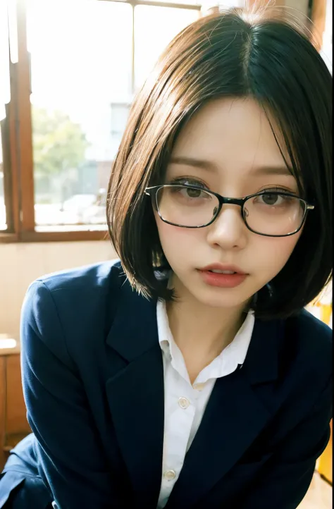 1girl,black-framed glasses,leaning forward,Perfect hands,panty pull,school uniform,shortcut hair,Navy blue blazer,pleated skirt,tongue out,Looking Down and Sleepy,school background,warm sunset lighting,bright and energetic atmosphere,detailed face,beautifu...