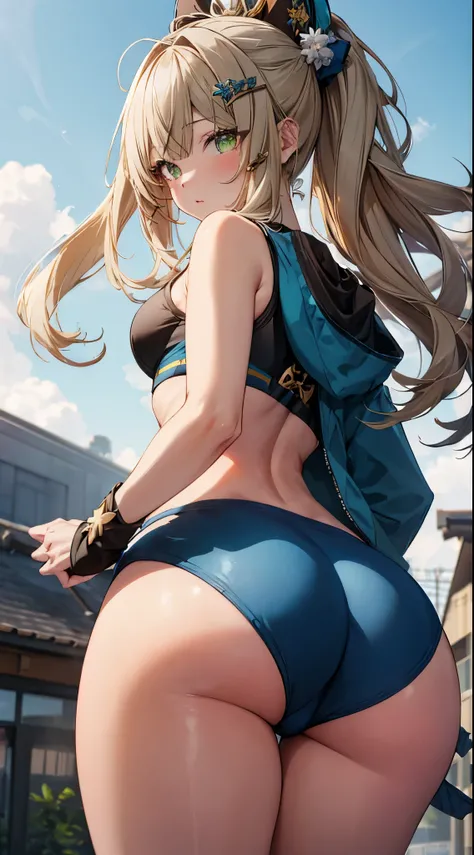 kirara, genshin impact,1girl, green eyes, blonde hair hair ornament, bare shoulders, (black crop top,green jacket), tail, Sportswear shorts, standing, outdoors, masterpiece, Noise Reduction, perfect anatomy, high resolution, ultra-detailed, ultra-detailed ...