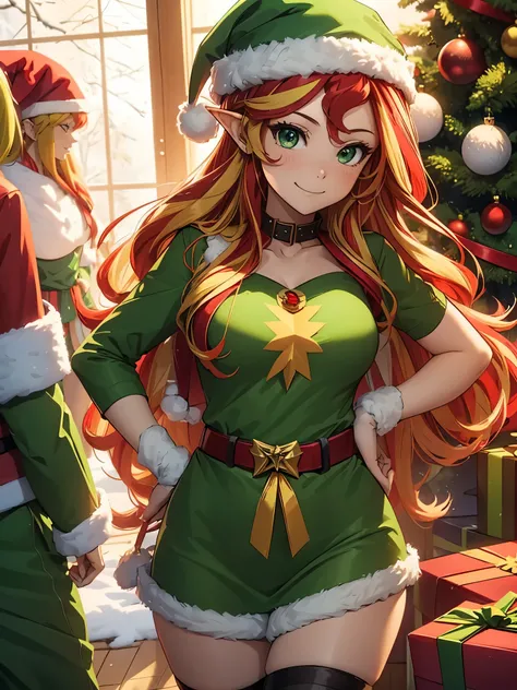 Sunsethuman, female, red and yellow hair, wavy hair, dressed as a Christmas elf, thigh high stockings, short green dress, green Santa hat, green outfit, snowy, Christmas tree, holding a gift, bright smile