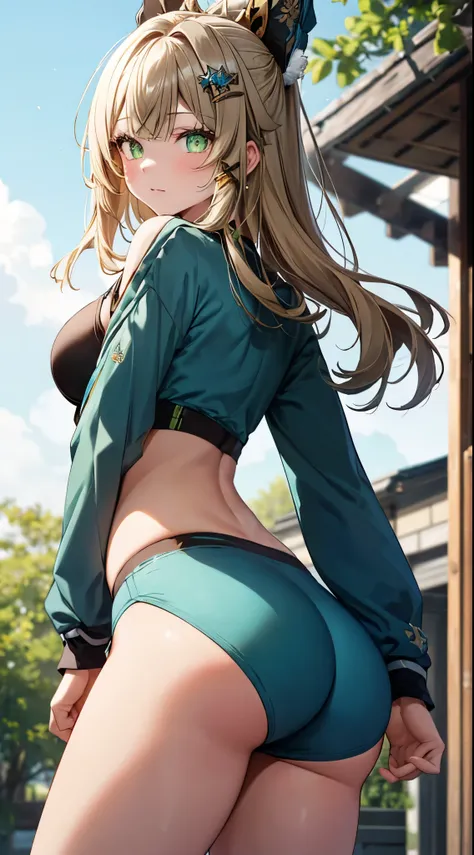 kirara, genshin impact,1girl, green eyes, blonde hair hair ornament, bare shoulders, (black crop top,green jacket), tail, Sportswear shorts, standing, outdoors, masterpiece, Noise Reduction, perfect anatomy, high resolution, ultra-detailed, ultra-detailed ...