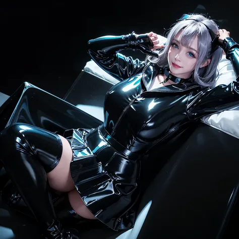 ((masterpiece)), ((best quality)), ((ultra-detailed)),((hyperrealistic)),((shiny skin)),1girl,medium hair,wavy hair,light blue hair,((drill hair)),((light blue eyes)),((tareme)),((huge breasts)),,, shiny glossy latex long sleeve black sailor uniform, (shin...