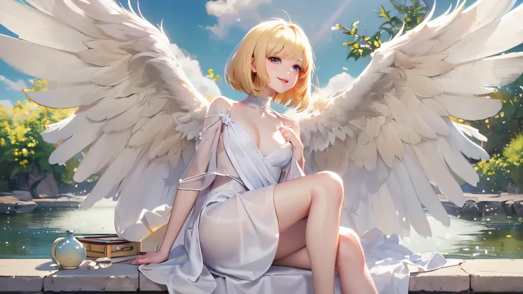 (8k,masterpiece, top quality ),white big wings 、(plain white dress）、 short skirt length 、 BOB CUT HAIR,Blonde, detailed face ,smile,shy, slender body, detailed skin, beautiful eyes, middle of chest,Beautiful Hips, shiny thighs 、Clear skies、｟ full body illu...